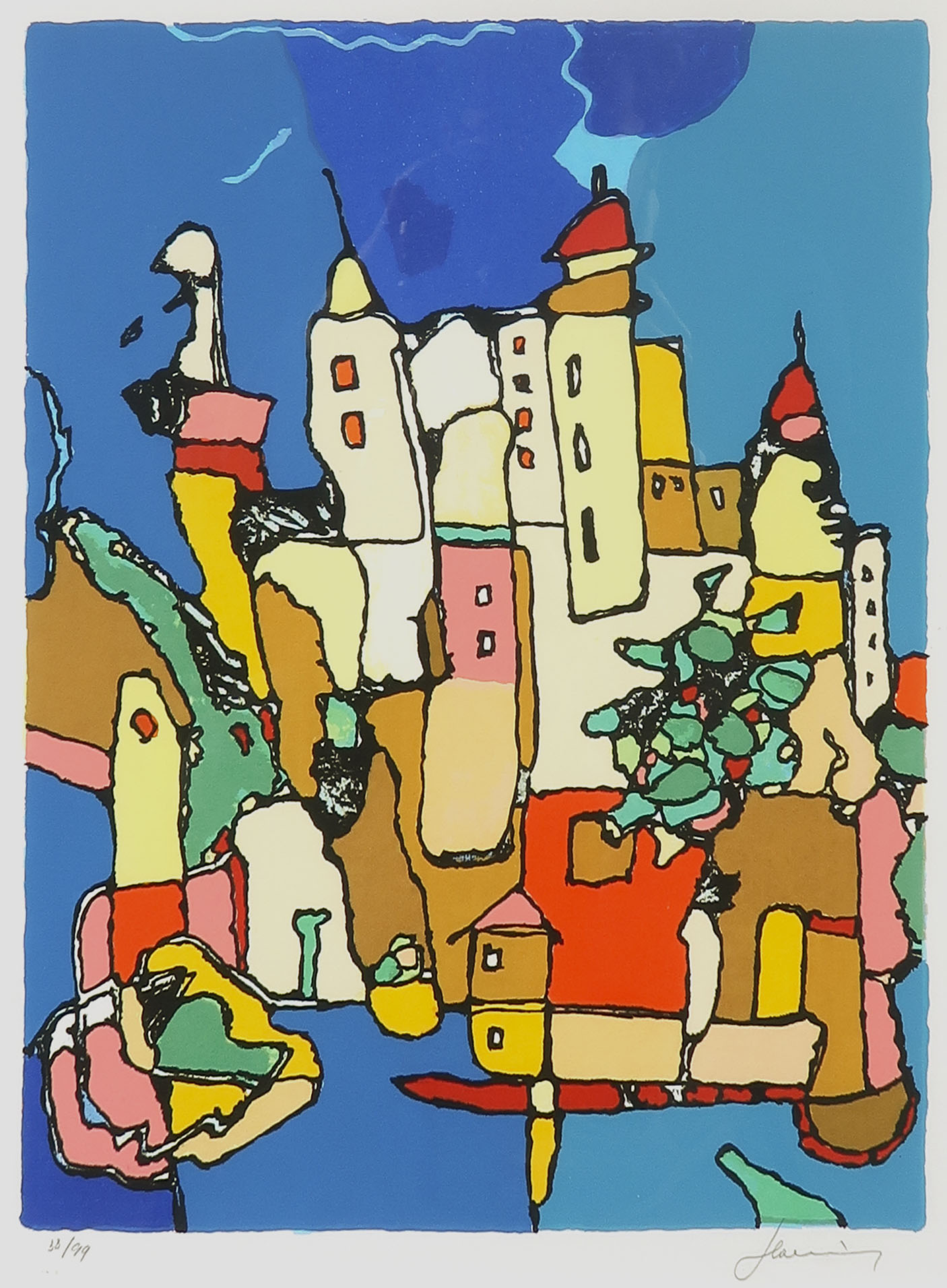 Niet of onleesbaar gesigneerd - Zeefdruk, Fantasie Stad II - Ingelijst kopen? Bied vanaf 1!