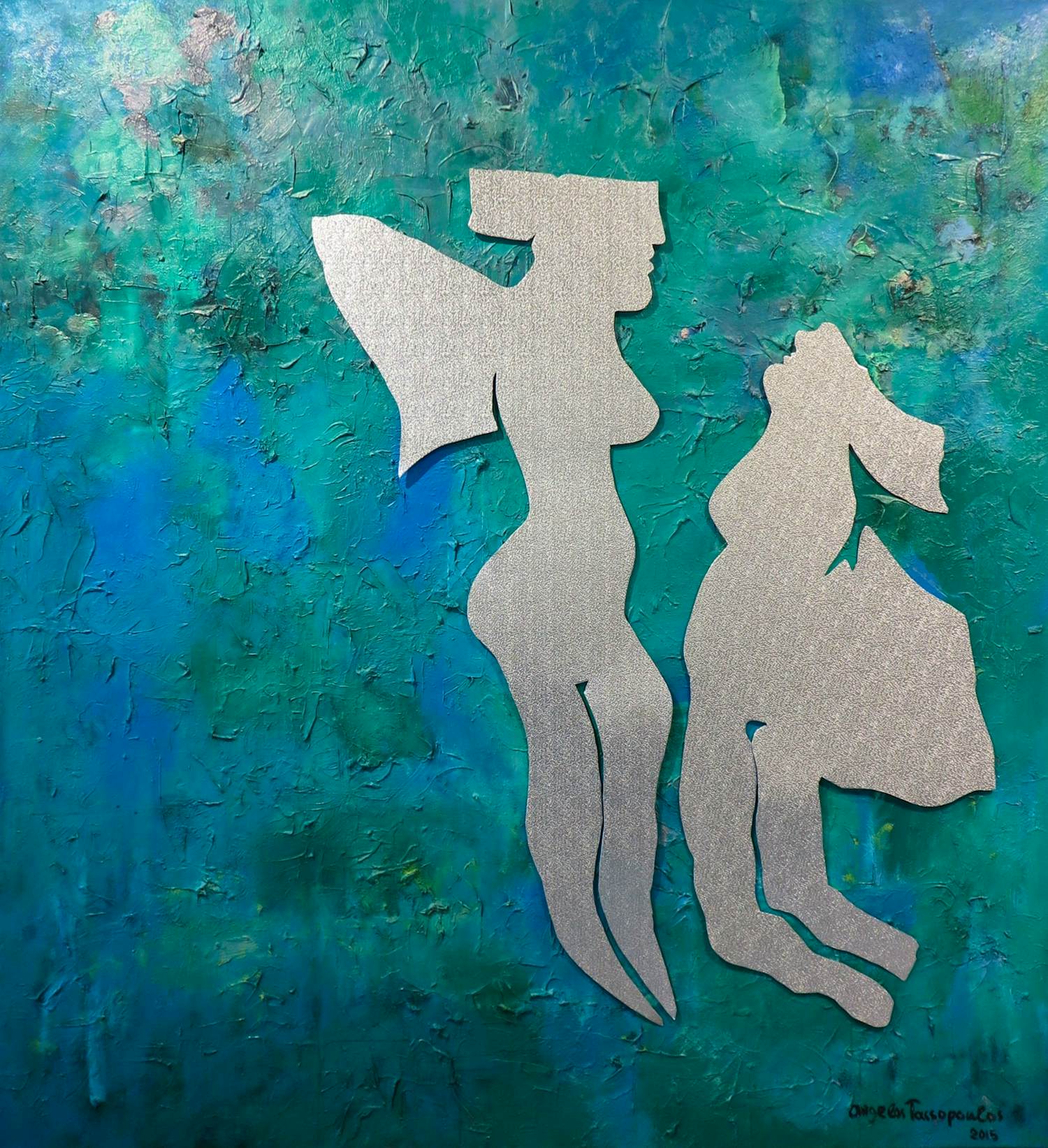 Angelos Tassopoulos - Olieverf op doek, Abstracte compositie met ijzeren figuren - Zeer groot kopen? Bied vanaf 400!