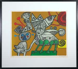 Corneille - Zeefdruk, Chat retrant dans la danse I - Ingelijst verkocht voor € 200!