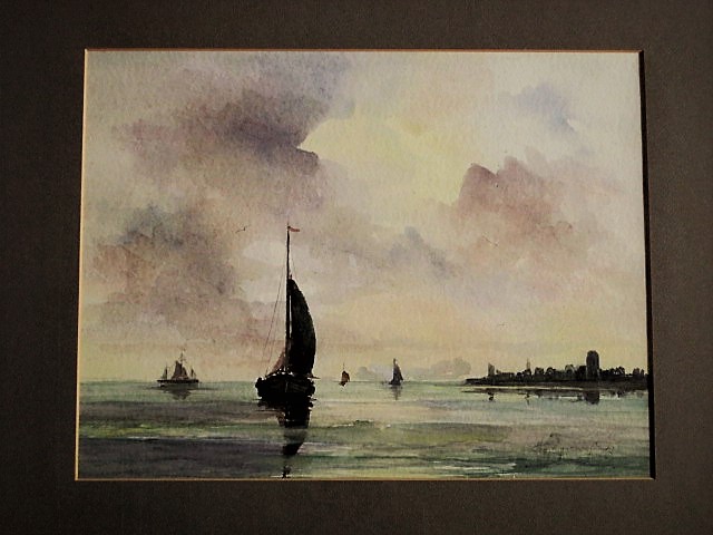 Niet of onleesbaar gesigneerd - Knap oud Aquarel "Zeilboten voor (West) Terschelling Brandaris" gesigneerd  verkocht voor € 1!