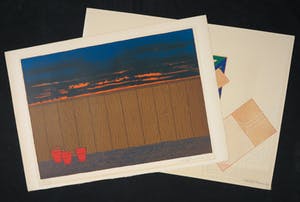 Mark Brusse - Twee litho's, Schutting met drie emmers + 3 propositions (...) kopen? Bied vanaf 35!