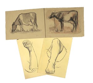 Joe Wols - Lot van vier potloodtekeningen, Ledematen en koeien kopen? Bied vanaf 1!