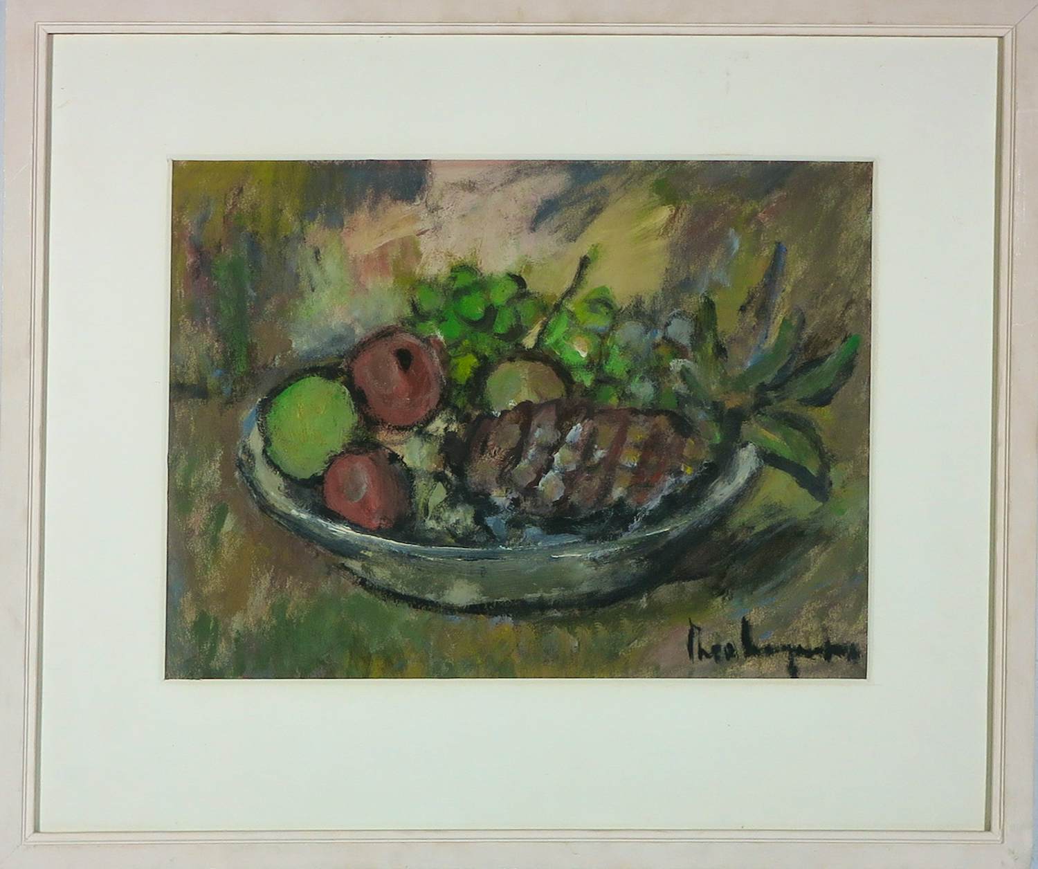 Theo Swagemakers - Aquarel / Tempera op papier, Fruitstilleven - Ingelijst verkocht voor € 150!