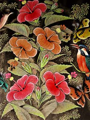 Niet of onleesbaar gesigneerd - Kleurrijk Aquarel Indonesië "Javaanse IJsvogel, Vlinders en Bloemen" gesigneerd verkocht voor € 10!