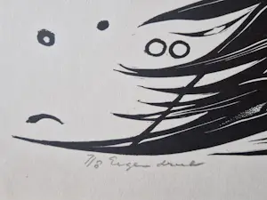 Hans van Dokkum - Grote polychrome Linosnede "signaal-rode zeeduivel" - zeer kleine oplage (8) kopen? Bied vanaf 36!