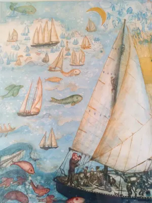 Francoise Deberdt - (1934) gedetailleerde kleurenets, 'fantoomschepen op zee' kopen? Bied vanaf 85!