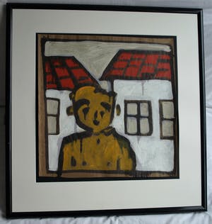 Bart Drost - Ingelijst, acryl op bitumenpapier (pakpapier) , Voor 2 huisjes – ca. 1991 kopen? Bied vanaf 50!