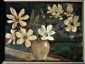 Jos Ruting - Mooie, in 1938 geschilderde Gouache "Magnolia in vensterbank" gesigneerd kopen? Bied vanaf 34!