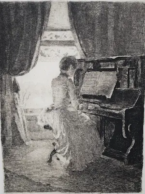 Ferdinand Oldewelt - Vrouw aan de piano - ets - ingelijst kopen? Bied vanaf 40!