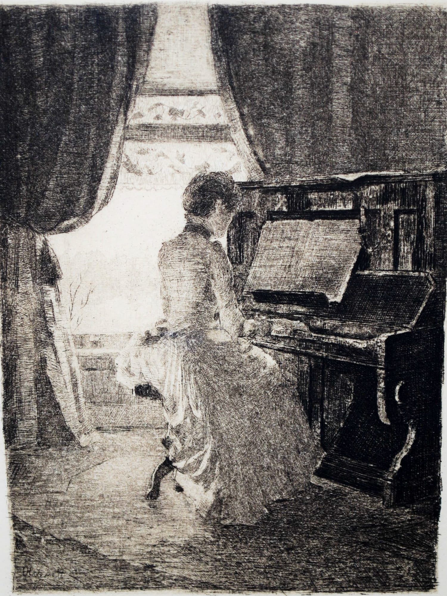 Ferdinand Oldewelt - Vrouw aan de piano - ets - ingelijst kopen? Bied vanaf 40!