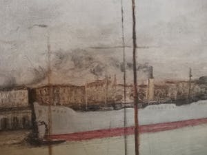 Niet of onleesbaar gesigneerd - Zicht op de jachthaven van Antwerpen met historisch stadscentrum op achtergrond kopen? Bied vanaf 1!