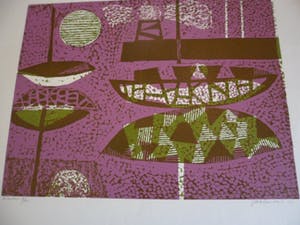 Jenny Dalenoord - Kleuren houtsnede. Titel "Haven". kopen? Bied vanaf 25!