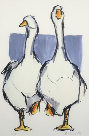 Ellen Meuwese - Zeefdruk, Twee ganzen - Ingelijst kopen? Bied vanaf 1!