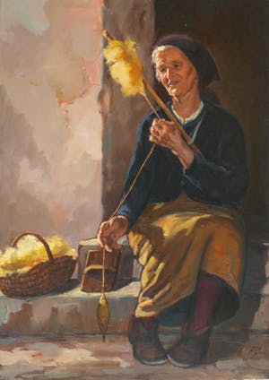 Niet of onleesbaar gesigneerd - Olieverf op doek, “Vecchia che fila” (Spinnende oude vrouw) - Italië kopen? Bied vanaf 1!