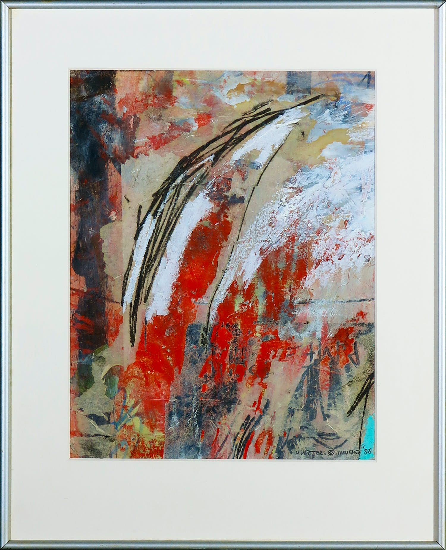 Hans Innemee - Gemengde techniek op papier, Abstracte compositie - Ingelijst verkocht voor € 50!
