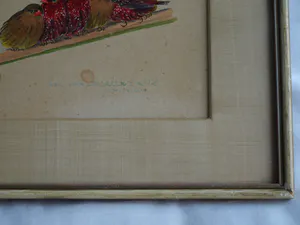 Niet of onleesbaar gesigneerd - Ingelijst, Gouache , 6 Vogeltjes op een tak - Oud kopen? Bied vanaf 1!