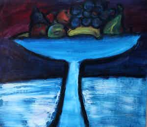 Eugene Brands - olieverf op papier: de blauwe fruitschaal -1959 verkocht voor € 3500!