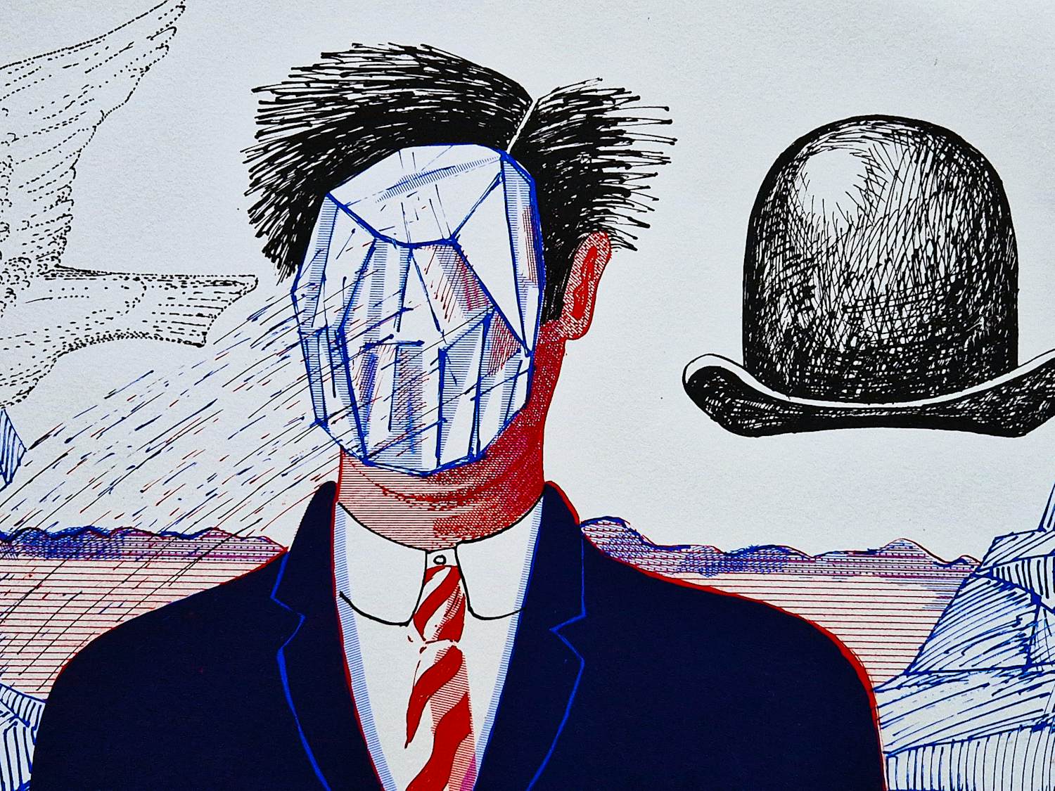 Hannes Postma - 1970 polychrome zeefdruk / serigrafie- man met dophoed (vrij naar Margritte) kopen? Bied vanaf 29!