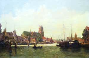 Jan Simon Knikker (sr.) - maroufle (olieverf op doek op paneel) - havengezicht verkocht voor € 299!