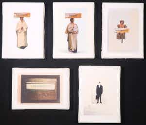 Frank Starik - Acryl er fotocollage op doek, Grote woorden (Vijfluik) verkocht voor € 1!