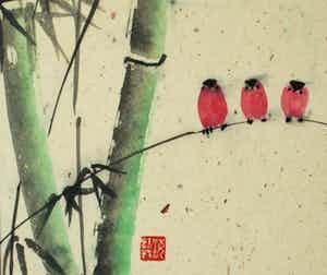 Niet of onleesbaar gesigneerd - Japanse kunstenaar, “3 Vogeltjes” - aquarelverf en inkt op karton verkocht voor € 1!