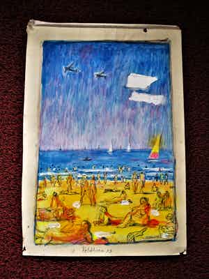 Aat Veldhoen - Bijzondere 1993 expressionistische Gem.Techniek "aan het Strand" gesigneerd verkocht voor € 20!
