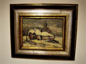 Niet of onleesbaar gesigneerd - Omstreeks 1930 geschilderd olieverf "Boerderij in Winterlandschap" gesigneerd verkocht voor € 10!