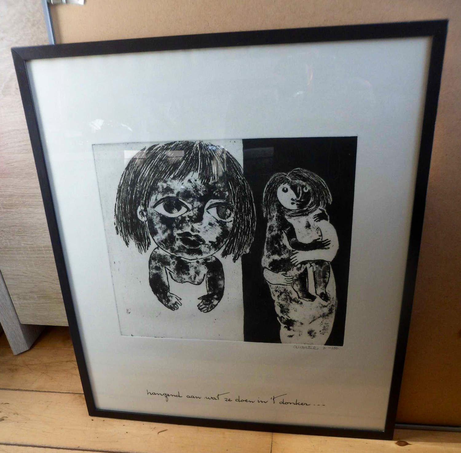 Ans Wortel - Ets/Aquatint. Getiteld, Hangend aan wat ze doen in het donker. vendu pour 70€ !