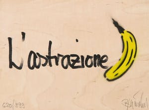 Thomas Baumgartel - (de Bananensprayer), Houten paneel bewerkt met stift en spuitbus, L'Astrazione kopen? Bied vanaf 100!