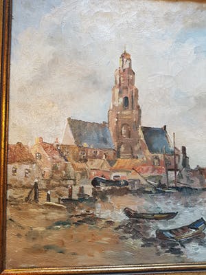 Niet of onleesbaar gesigneerd - Stadshaven te Maassluis. Zie achterzijde naam vd schilder. kopen? Bied vanaf 10!