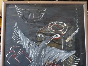 Hannes van Es - Zeer groot ingelijst schilderij (162 x 130 cm), “Zwarte vogel” – 1984 kopen? Bied vanaf 300!