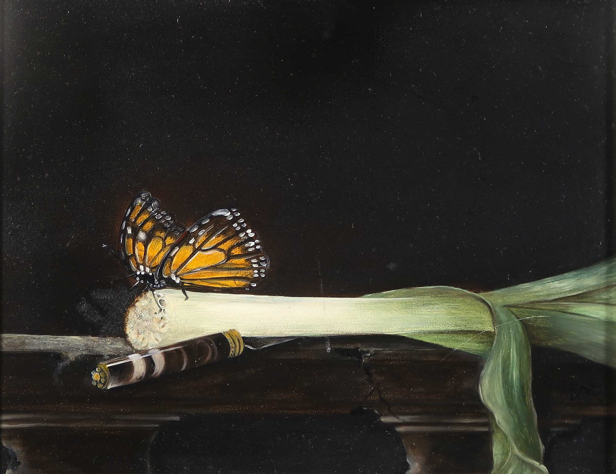 Niet of onleesbaar gesigneerd - Olieverf op board, Vlinder op prei - Ingelijst kopen? Bied vanaf 1!