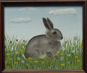 Mieke Hoogendorp - Naïeve schilderkunst , Ingelijst schilderijtje, Konijntje – 1984 kopen? Bied vanaf 40!