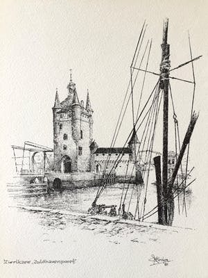 Koster Kees - Kees Koster - Zierikzee "Zuidhavenpoort", Tekening kopen? Bied vanaf 50!