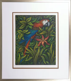 Volker Kühn - Kleurenets, Papegaai in planten - Ingelijst kopen? Bied vanaf 1!