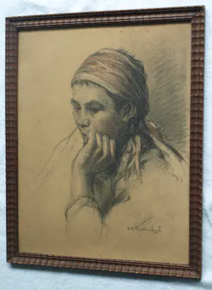 Hendricus Dievenbach - Ingelijste tekening , Portret vrouw kopen? Bied vanaf 50!