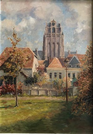 Wim van den Anker - Stadsgezicht Wijk bi Duurstede met Grote Kerk - Olieverf kopen? Bied vanaf 95!