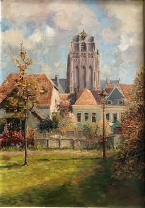 Wim van den Anker - Stadsgezicht Wijk bi Duurstede met Grote Kerk - Olieverf verkocht voor € 95!