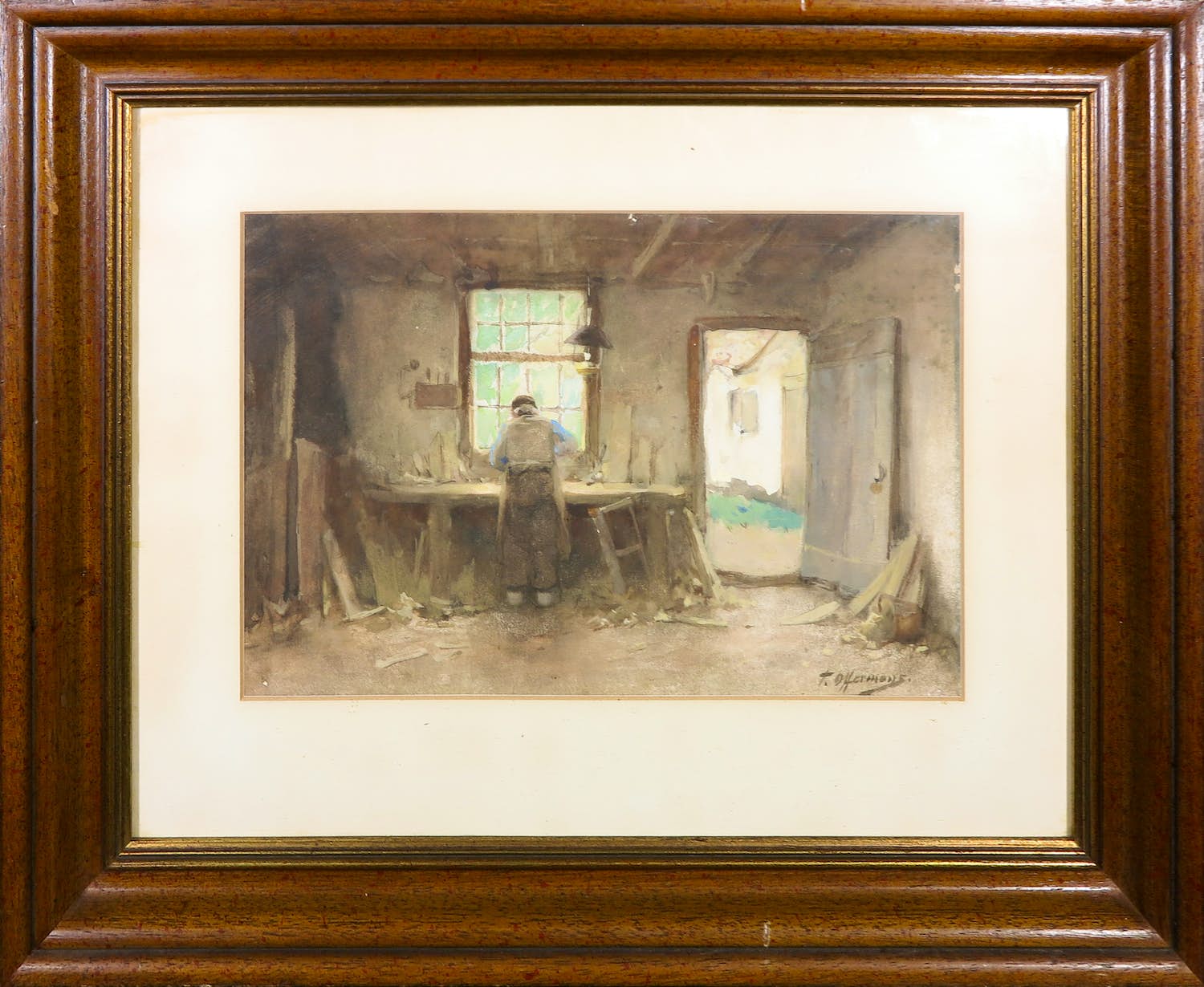 Tony Offermans - Aquarel, Man in werkplaats - Ingelijst verkocht voor € 300!