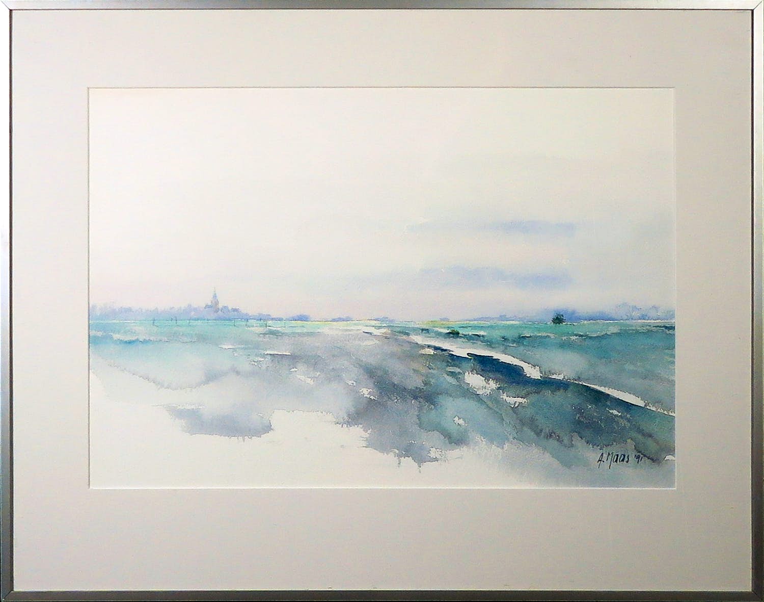 Ad Maas - Aquarel, Polderlandschap - Ingelijst verkocht voor € 1!