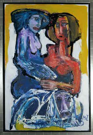 Martin van Wordragen - Olieverf op doek. Twee dames met hond - Ingelijst (Groot) verkocht voor € 250!