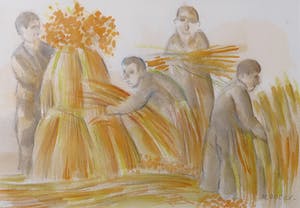 Marcel Cockx - Aquarel op papier, Mannen met strobalen - Ingelijst kopen? Bied vanaf 1!