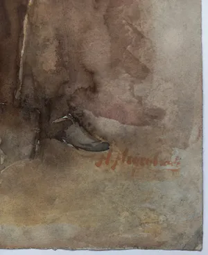 Herman Heijenbrock - Arbeider met kruiwagen, aquarel kopen? Bied vanaf 1!