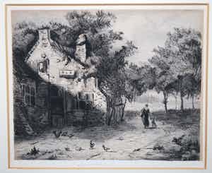 Willem Steelink (jr.) - Pentekening van een boerderij en daarbij een ets van de Baarsjes te Amsterdam verkocht voor € 90!