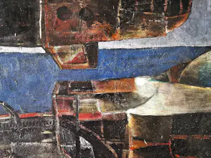 Gerard Leonard van den Eerenbeemt - Groot jaren 60 kubistisch olieverf op doek "schip en vliegtuig" gesigneerd kopen? Bied vanaf 52!