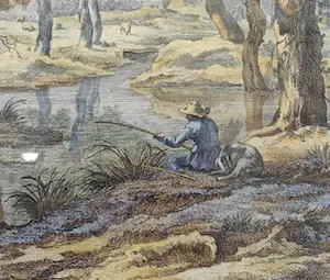 Hendrik Schwegman - Ets, Vissende man bij een beekje - Ingelijst kopen? Bied vanaf 70!