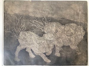 Paula Sluiter - Chinese Leeuwen - Ets/aquatint, Ingelijst kopen? Bied vanaf 75!