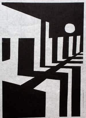 Johan Meijerink - Houtsnede: 'Terwille van de waslijn' - 1974 verkocht voor € 45!