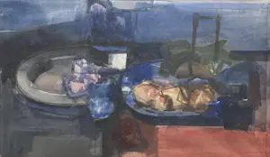 AcheterTheodoor Heynes - aquarel op papier | 'Stilleven met blauwe schaal' (INGELIJST)? Enchérissez de 20!