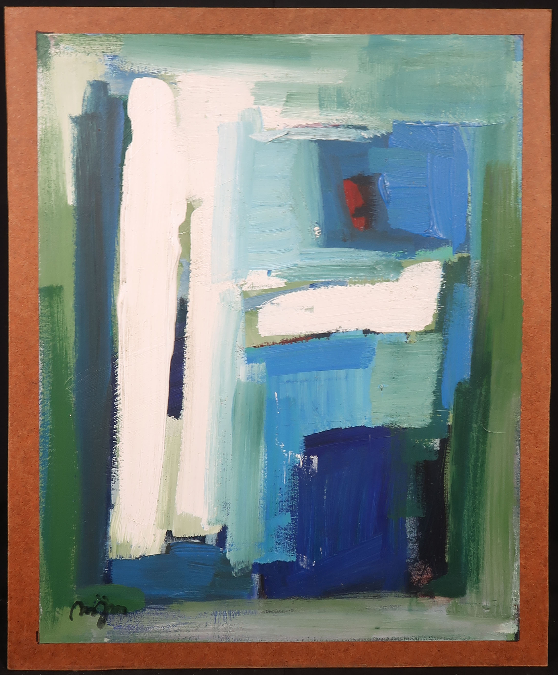 Wijm Bos - Olieverf op papier bevestigd op paneel, Compositie groen, blauw en wit verkocht voor € 1!